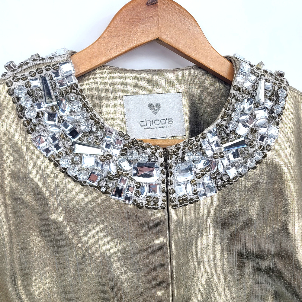 Chicos 1 Champagne Gold Leather Jacket 25th Anniversary Jeweled Collar Size M - Picture 2 of 16